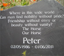 upright slate memorial for peter the racing horse